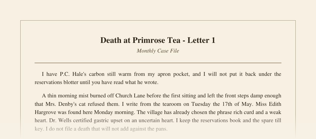 Sample opening of Death at Primrose Tea Letter One, faded before clues appear