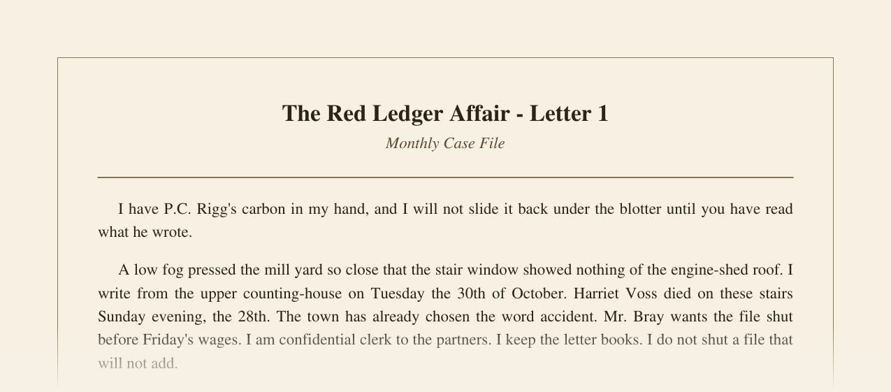 Sample opening of The Red Ledger Affair Letter One, faded before clues appear