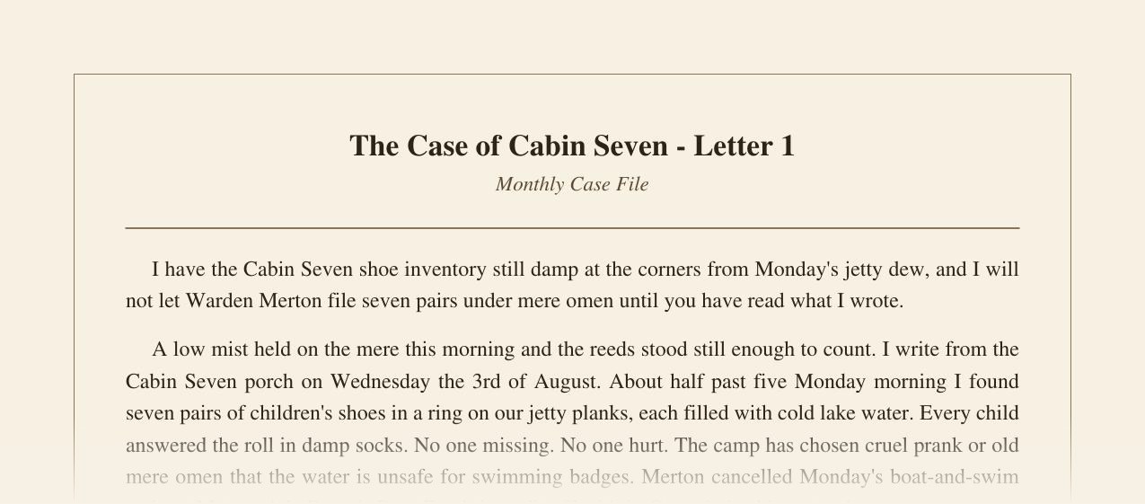 Sample opening of The Case of Cabin Seven Letter One, faded before clues appear