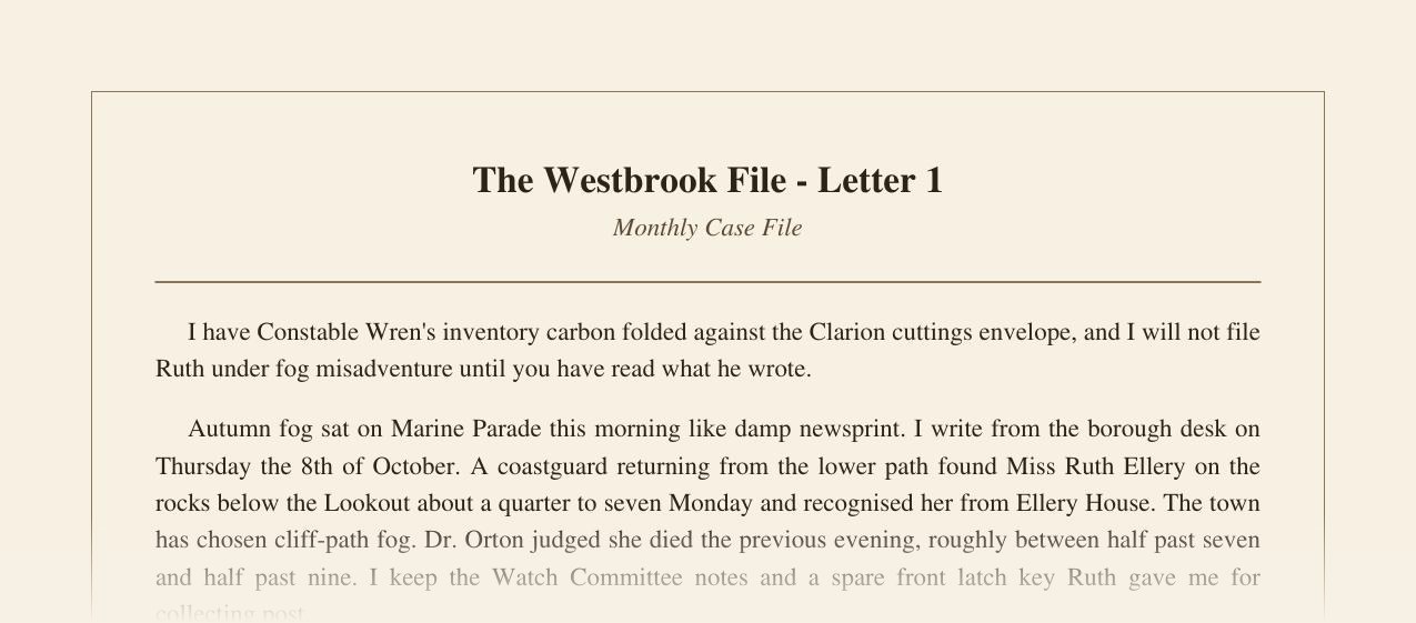 Sample opening of The Westbrook File Letter One, faded before clues appear