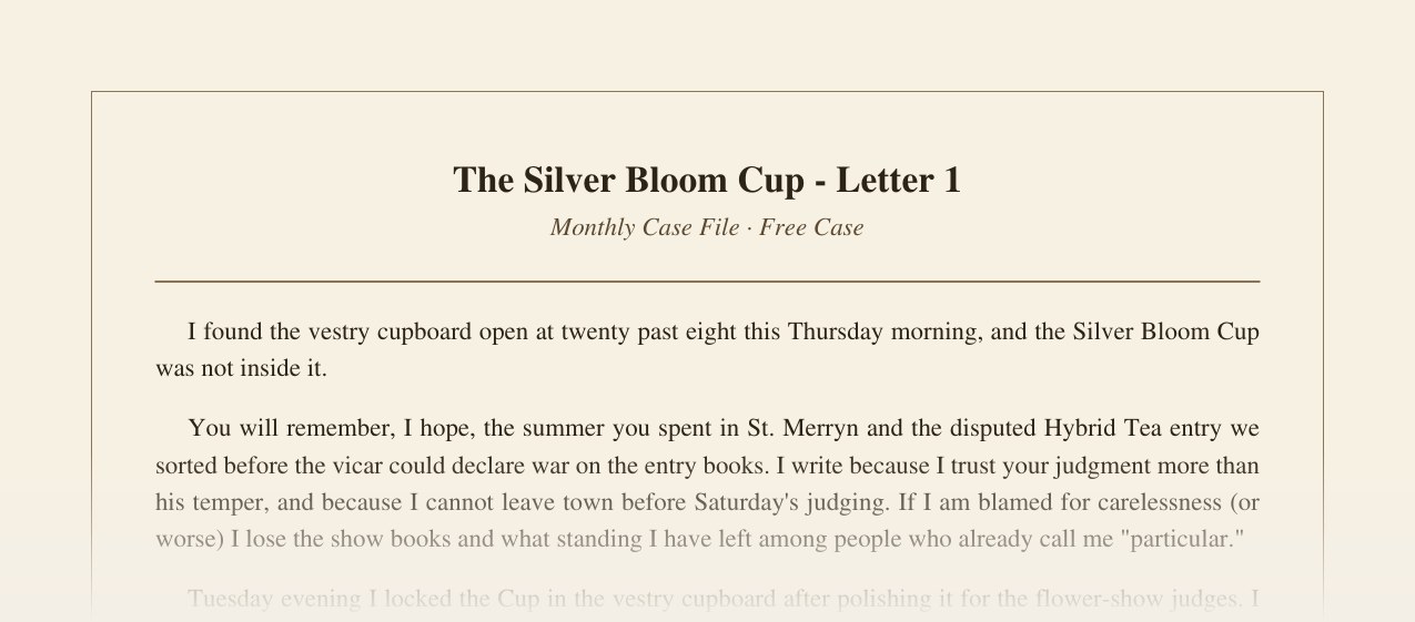 Sample opening of a Monthly Case File letter, faded before clues appear